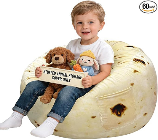 Lukeight Burrito Stuffed Animals Storage Bean Bag Chair Cover for Kids Toddlers, Cozy Velvet Plush Toy Organizer Seat, Cover Only, No Filling Included, Long YKK Zipper, Side Pocket, Large 27 x 16 in