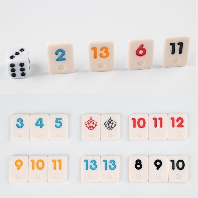 Doublefan Mini Rummy Cube Set, Mini Size Rummy Game with Portable Bag, Small Travel Game for Adult and Kids,106 Tiles, 4 Playing Rack, 1 Dice (2-4 Players)