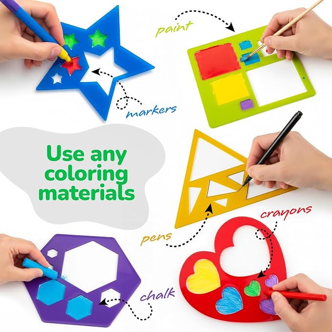 Karty Thick Shape Stencil Set with Case, 10pcs Sturdy Plastic Drawing Templates for Kids, Teacher Classroom Supplies and Preschool Arts & Crafts, Colorful Learning Kit for Toddlers Ages 4+