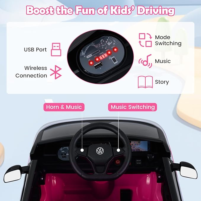 Costzon Ride on Car, 12V Licensed Volkswagen Kids Car Bus with Storage Compartment, Music, Story, Spring Suspension, LED Headlights, Electric Vehicles for Boys Girls Aged 3-7 (Hot Pink)