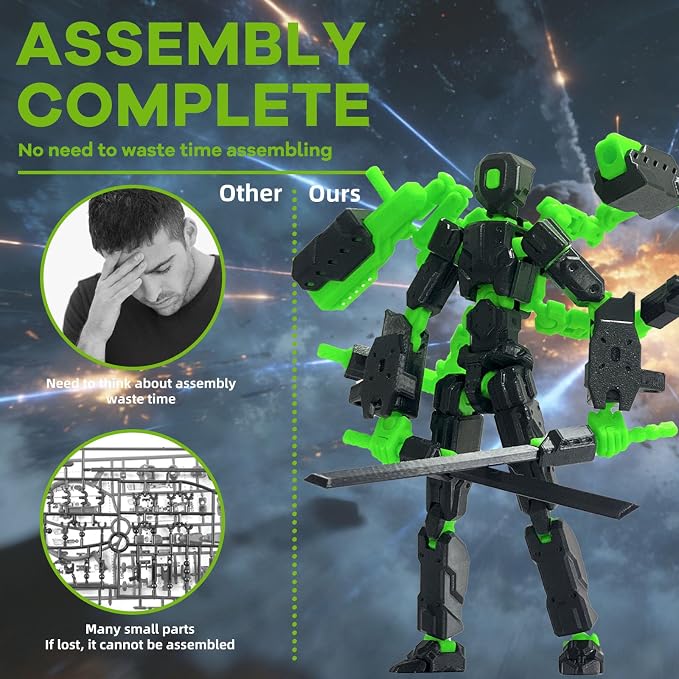 T13 Assembly Completed Action Figure Set, Multi-Jointed Movable 3D Printed Robot Toy, Cool Desktop Decoration Collectible Gift for Game Lovers (Black red and Black Green)