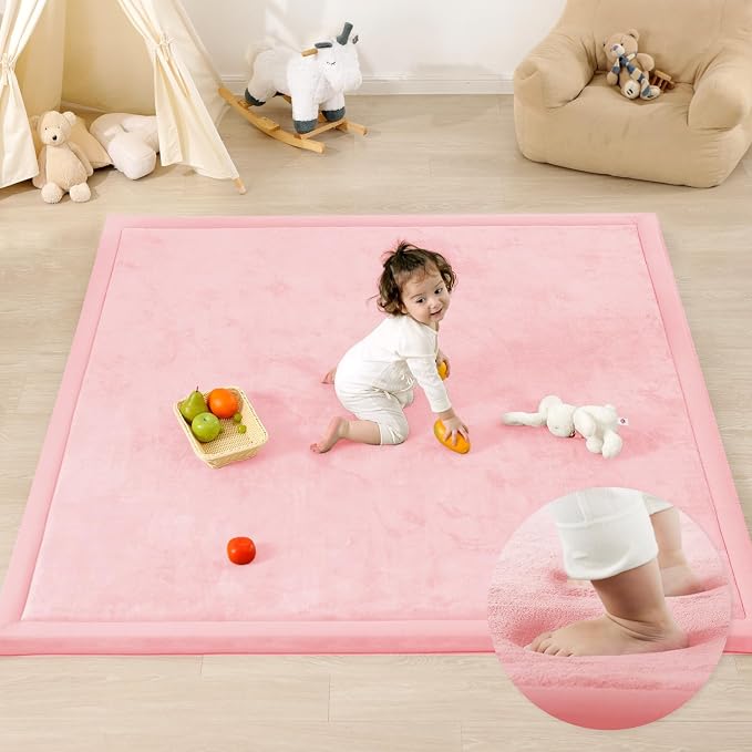 1.3" Thick Baby Floor Play Mat, 59x79 Padded Foam Tummy Time Crawling Mat, Non-Slip Water-Repellent Soft Plush Nursey Area Rug for Playroom Living Room (Pink)