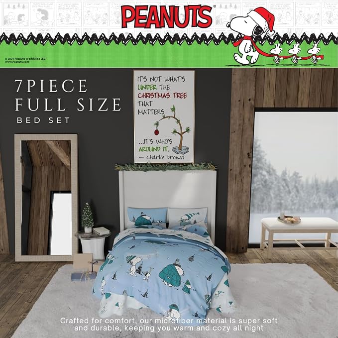 Collectibles Peanuts Snoopy Puffer Holiday & Christmas Bedding Super Soft Comforter and Sheet Set with Sham, 7 Piece Full Size (Officially Licensed Product) By Franco