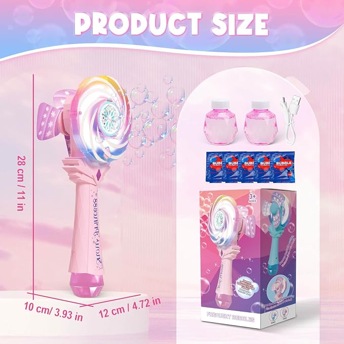 Bubble Wands for Kids Age 4-8: Windmill Light Up Automatic Bubble Machine Rechargeable With 2 Bubble Solution Outdoor Party Birthday Toys for Toddlers, Gift for 3 4 5 6 7 8 Year Old Girls, Pink