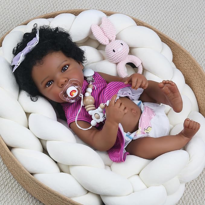 WOOROY Lifelike Reborn Baby Dolls - 20 Inch Black Realistic Baby Doll Girl African American Full Body Vinyl Purple Onesie & Bow Headband with Accessories Gifts for Kids 3+