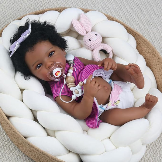 WOOROY Lifelike Reborn Baby Dolls - 20 Inch Black Realistic Baby Doll Girl African American Full Body Vinyl Purple Onesie & Bow Headband with Accessories Gifts for Kids 3+