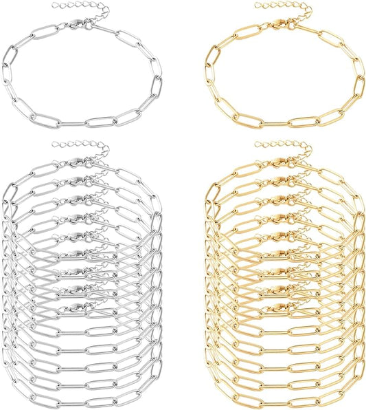 Exway 20 Pcs Paperclip Charm Bracelets Chain 6.5 Inch Stainless Steel Gold and Sliver Chain Bracelets Kit with Lobster Clasps for Crafts DIY Women Jewelry Making