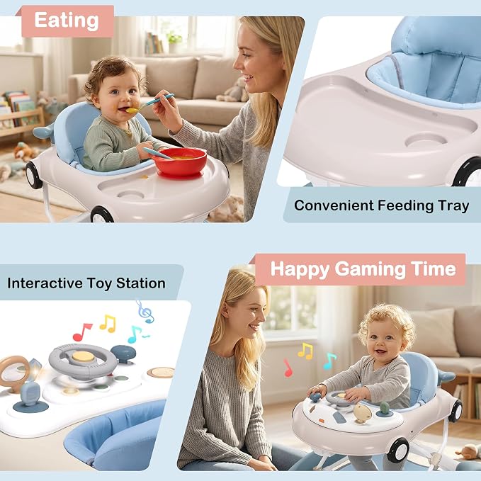 5-in-1 Convertible Baby Walker with Steering Wheel Music Activity Center – Infant Rocker, Jumper, Push Walker, Bouncer & Feeding Foldable Walker for Ages 6-18 Months Boys Girls (Haze Blue)