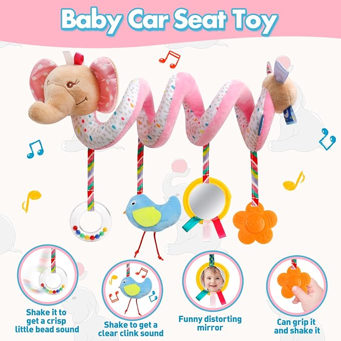 GKDOMS Baby Car Seat Toys Activity Stroller Toy for Boys Girls 0 3 6 9 10 12 Months, Spiral Hanging Plush Toys, Baby Shower Thank You Gifts