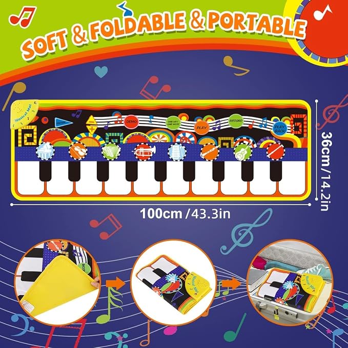 RenFox Baby Piano Mat with 25 Music Sounds, Kids Musical Playmat, Early Education Development Birthday Gift Music Toy for 1 2 3 Year Girls Boys, Piano Keyboard Touch Play Blanket for Easter Gifts
