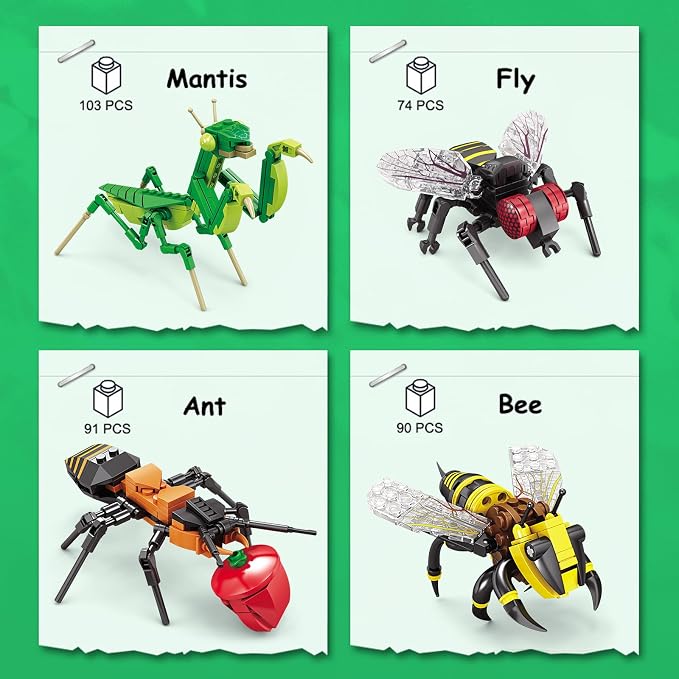 KAZI Bugs Building Toy Set,Insect Collection Building Blocks Including 8 Different Bug,STEM Toys for Kids Age 8 and Up,Play and Display Gift Idea for Boys & Girls,Easter Basket Stuffers