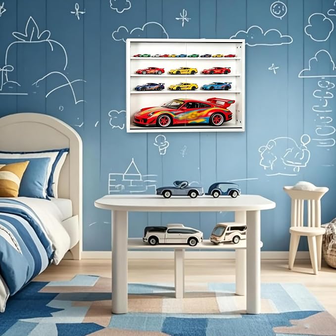 Large Car Display Case, PKHROR Oversized Diecast Car Display Frame with UV Protection, Wall Mount for Toy Cars and Collectible Models, White