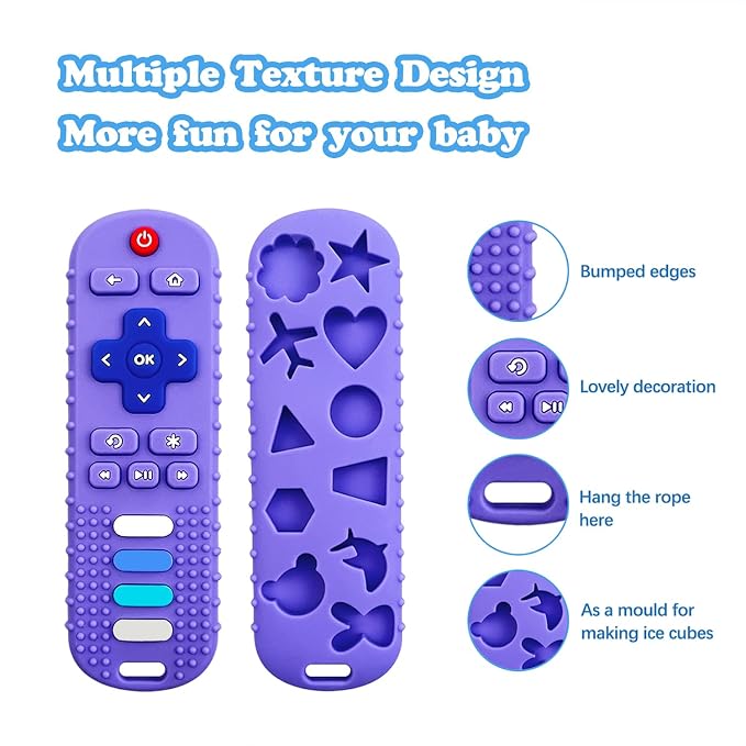 ROBBEAR Baby Teething Toys, Food Grade Silicone Teether for Babies 3 6 12 18 Months, TV Remote Shape Toddlers Chew Toys, Freezer BPA Free (Purple+Khaki)