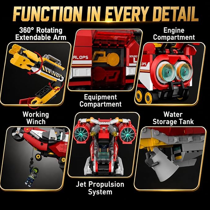 3 in 1 City Fire Rescue Building Sets, Compatible with Lego City, Fire Truck, Helicopter & Rescue Plane, 9 Rebuildable Modules, 3 Firefighter Figures, STEM Toys Gift for Kids Boys Age 8-12 + (879 PCS)