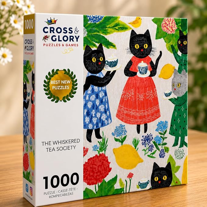 Cross & Glory | 1000 Piece Jigsaw Puzzles for Adults | The Whiskered Tea Society | Whimsical Cat Puzzles for Adults | Garden Tea Party Scene | Satin Finish Cat Puzzle | Ages 14+