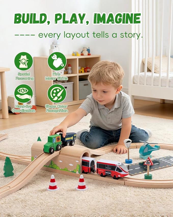 Wooden Train Track Bridge & Tunnel Set, Railway Expansion Kit with Ascending & Descending Ramp Tracks, Compatible with Major Wooden Train Systems, for Kids Creative Play and Learning