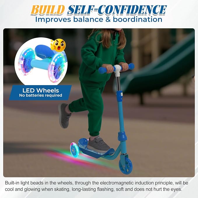 Kids Scooter Ages 3-7, 3 Wheel Scooter with LED Light Up Wheels, Safer Steering & Adjustable Handlebar, Wide Anti-Slip Deck, Heavy Duty Metal Kick Scooter for Boys Girls Toy Gift, Up to 110 lbs