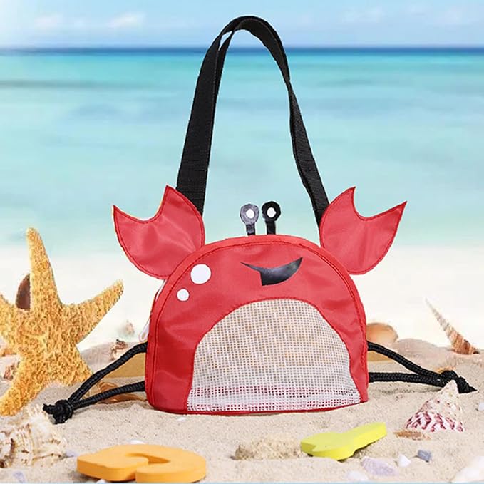 Kids Mesh Beach Bag, Cute Crab-Shaped Seashell Collecting Bag with Adjustable Strap for Holding Shell Beach Toy