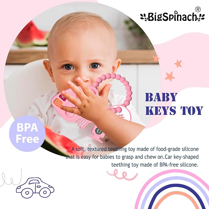BIGSPINACH Baby Goth Teething Keys Toy 6-12M Pink Car Key Teether Combo Set