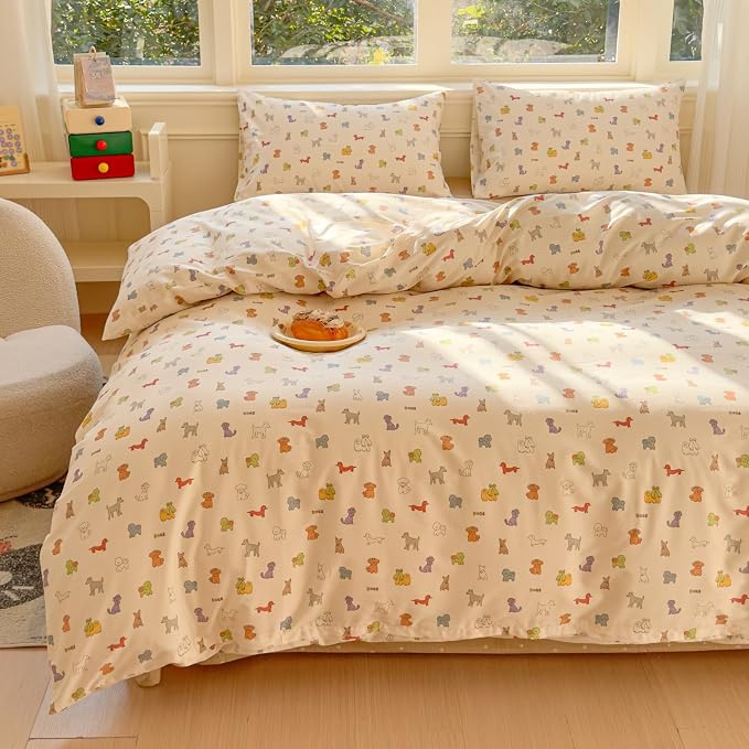 LIWHENHAO Dog Duvet Cover Set Twin 100% Cotton Bedding Colorful Cartoon Puppy 1 Cute Kawaii Animal Comforter Cover Zipper Closure 2 Pillowcases for Kids Girls Boys