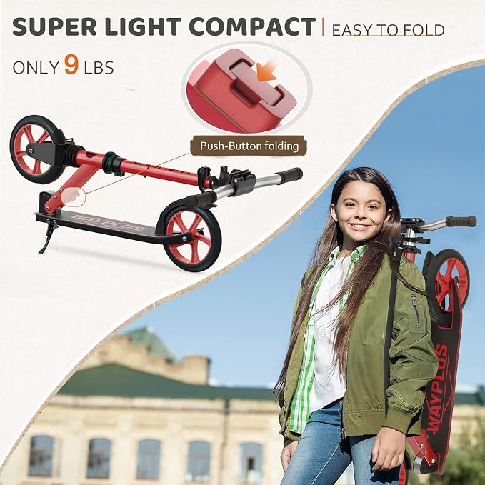 WAYPLUS KS1 Kick Scooter for Ages 6+,Kid, Teens & Adults. Max Load 240 LBS. Foldable, Lightweight, 8IN Big Wheels for Kids, Teen and Adults, 4 Adjustable Levels. Bearing ABEC9 FED Fitness