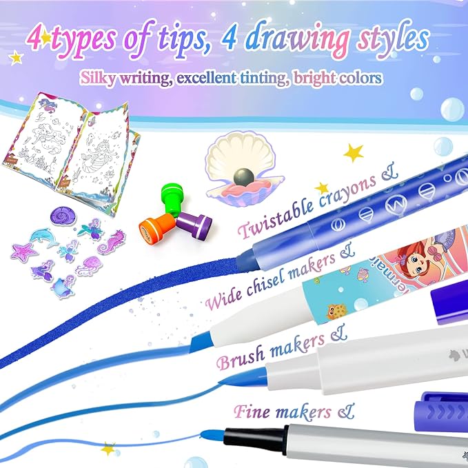 weirtoya 56 PCS Washable Scented Markers with Glitter Pencil Case, Mermaid Unicorn Arts and Crafts for kids 4-6-8 Kids Coloring Drawing Kits for 4-8 Years Old Girls (Mermaid, 56)