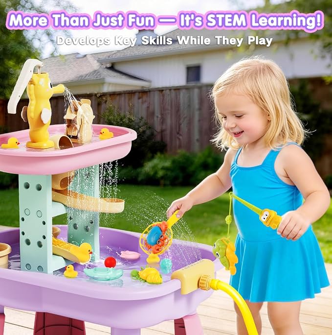 Toddler Water Table for Kids - Sand and Water Table with 28PCS Toy Accessories & Rain Shower Sprinkler, Outdoor Sensory Water Play Table, STEM Toy Summer Gift for Boys Girls Ages 3-8