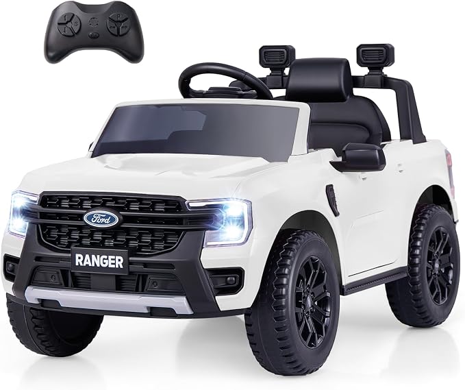 Licensed Ford Ranger Ride on Pickup Truck by INFANS, 12V Battery Powered Electric Vehicle for Kids with Remote Control, Headlight, Power Display, Bluetooth, MP3, Music, Aged 3-6 Years (White)
