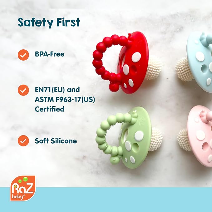 RaZbaby Soft Silicone Infant & Baby 3M+ Teether Toy Massaging Bristles Teething Relief Pacifier - Soothes Sore Gums - Hands-Free & Easy-to-Hold Chompy Teether, BPA Free (RED/Lavender)