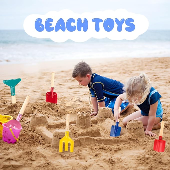8'' Kids Gardening Set, 6 Pcs Beach Toys, Kids Metal Sand Toys Sandbox Toys, Children Sand Toys Gardening Set with Sturdy Wooden Handle, Beach Shovels for Kid Ages 3-8