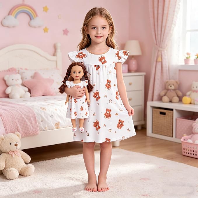 AmzBarley Matching Doll & Girl Pajamas Girls Nightgowns Sleepwear Night Dress for Kids and 18 inch Doll Clothes