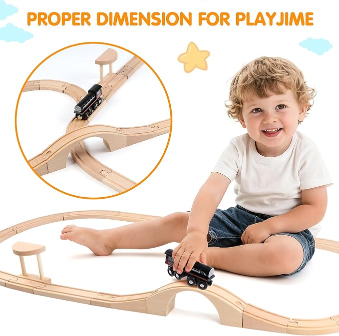 Qilay Wooden Train Track Set - 62PCS Track Expansion with 1 Bonus Magnetic Trains, Arched Bridge, Storage Bag, Compatible with All Major Brand Train Set for Kids 3+