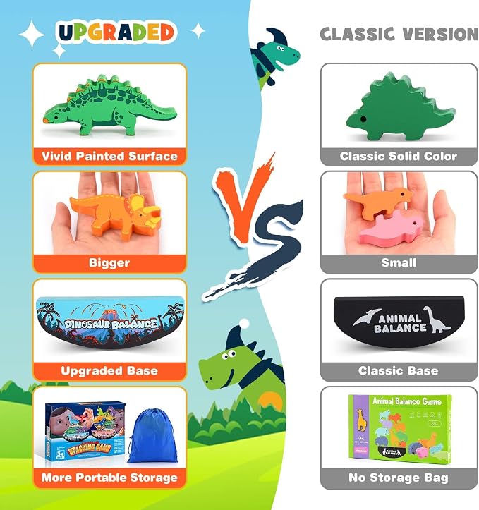 IPOURUP Dinosaur Toys for Kids 3-5: Wooden Stacking Montessori Toys for 3 4 5 6 7 8 Year Old Balance Competition Game for Family Ideal Christmas Birthday Gifts for Kids Ages 3-8 (Double Version)