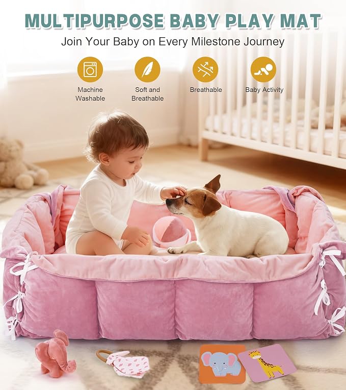 5-in-1 Baby Play Gym and Tummy Time Mat, 12 Learning Cards, Plush Activity Mat with 6 Toys, Baby Gym, Convertible to Ball Pit, Baby Gift, Light Pink
