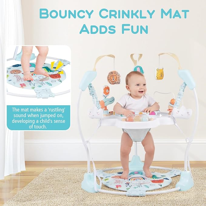 INFANS Baby Activity Center, 3 in 1 Play Center Jumpers and Bouncers with Music, Lights, Interactive Toys, 360°Rotating Seat, Adjustable Heights, Exersaucer Learning Toys for 6-12 Months (Light Blue)