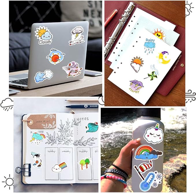 QTL Weather Stickers for Kids Students, Weather Party Supplies, Waterproof Vinyl Stickers for Water Bottles and Laptop, 50PCS