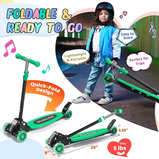 3 Wheel Kids Kick Scooter for Ages 3-12, Lean-to-Steer, Light-Up Wheels, 3-Level Adjustable Handlebar 27.5”-33”, Wide Non-Slip Deck, Dual Rear Brake,Travel Foldable, for Boys & Girls Toy Gifts