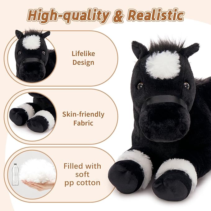 Tezituor 4-in-1 Horse Stuffed Animal Set, 18" Mommy Horse Plush with 3 Baby Pony Plushies Inside, Realistic Black Horse Plush Pillow, Soft Stuffed Pony Farm Gift for Girls Boys Kids