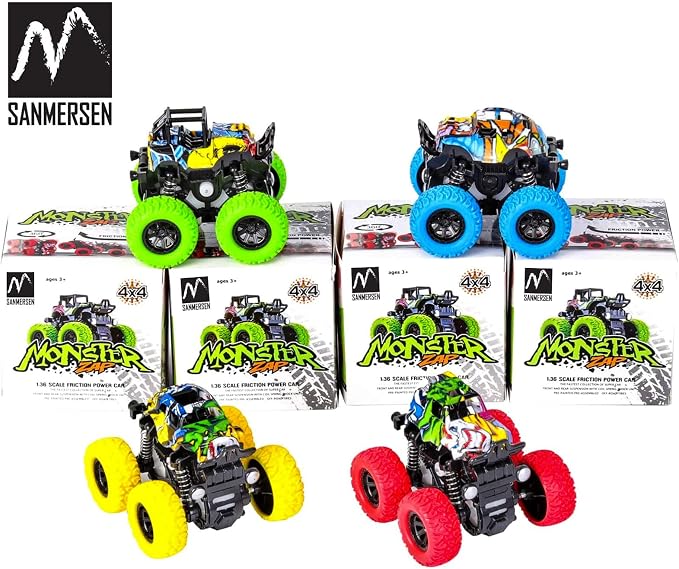 M SANMERSEN Monster Truck Toys for Kids, Friction Cars for Toddlers Push and Go 360° Rotating Stunt Car for 3+ Year Old Boys Girls Gifts (4 Pack - Blue/Green/Red/Yellow)