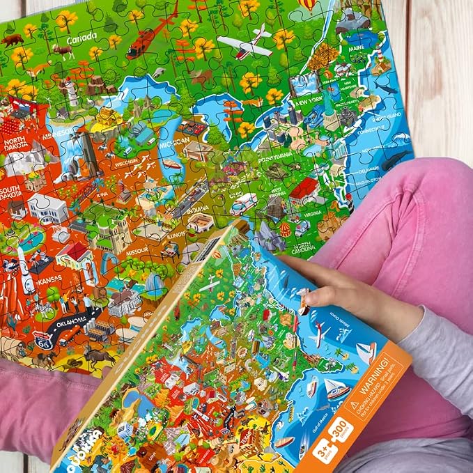QUOKKA Puzzles for Kids Ages 4-6 - 3 Set 300 Piece Puzzles for Kids 6-8 - Learning Map of The United States World Space Puzzle - Educational Games for Kid 8-10 - Toys for 12 Year Old Boys and Girls