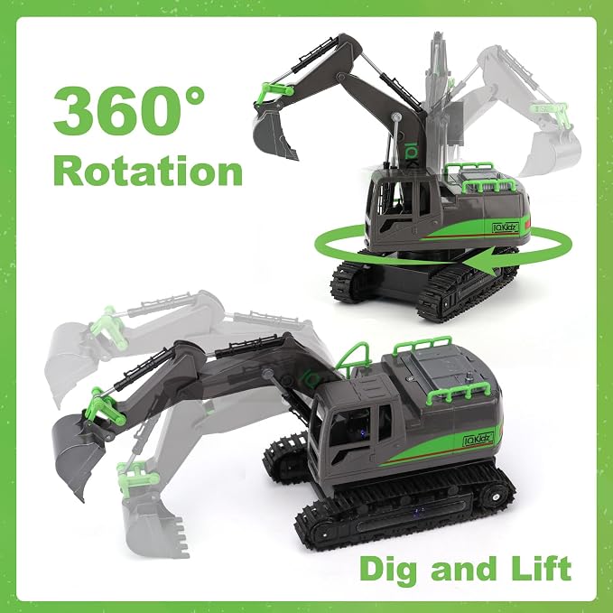 IQKidz Remote Control Excavator Toys for Boys 4-7 Yrs Old - Best Birthday Gift for Kids Age 3 5 8 9 10+, Metal Shovel Construction Vehicles with Light Sound, Rechargeable RC Tracked Digger