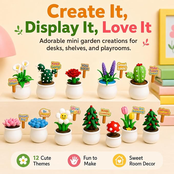 Air Dry Clay Kit for Kids, 12 Plants Modeling Magic Clay Sculpting Tools | Ultra-Light & Soft, Safe and Non-Sticky, DIY Flower Arts Craft Set, Home Party Favors Birthday Back to School Gift for Age 3+