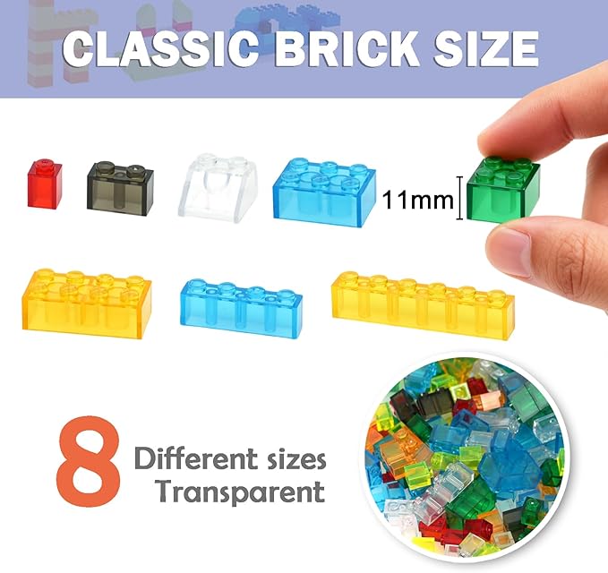 MALEKO 300 Pieces Transparent Clear Bricks Parts Pack, Classic Creative Bulk Blocks Set Blocks in Random Color - Mixed Shape