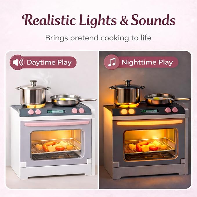 Doll Kitchen Playset for Kids, My Modern Mini Kitchen House Furniture Pretend Play Toy Accessories Set with Realistic Lights & Sounds for Toddlers, Girls (4-in-1)