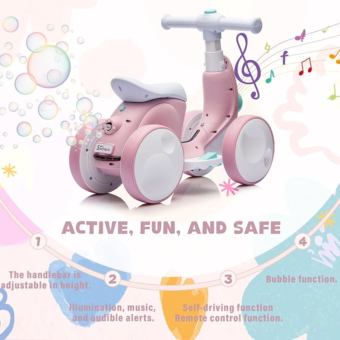 6V Electric Baby Balance Bike for 1 Year Old Boys Girls Ride on Toys 12-36 Months Toddler Balance Bike, 4 Wheels Kids First Bike with Remote Control First Birthday Gifts- Pink