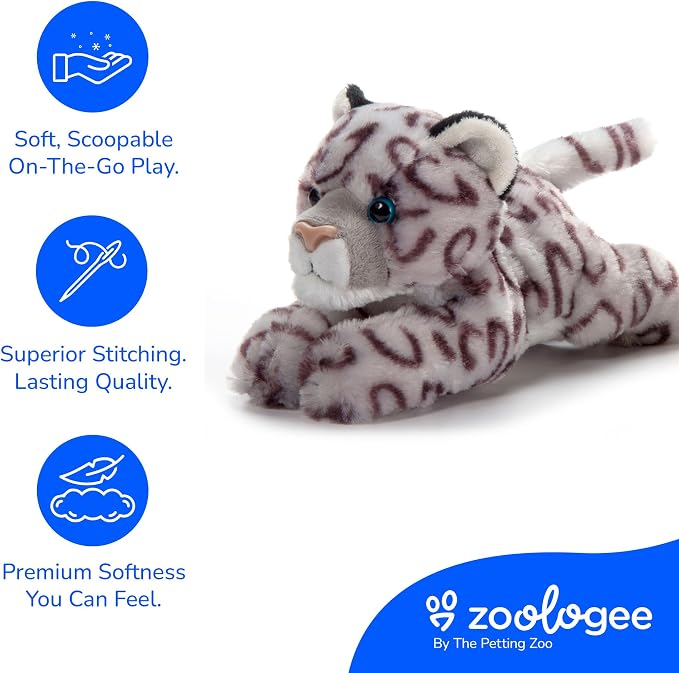 The Petting Zoo Snow Leopard Stuffed Animal Plushie, Gifts for Kids, Scoopz Wildlife Animals, Leopard Plush Toy, 8 inches