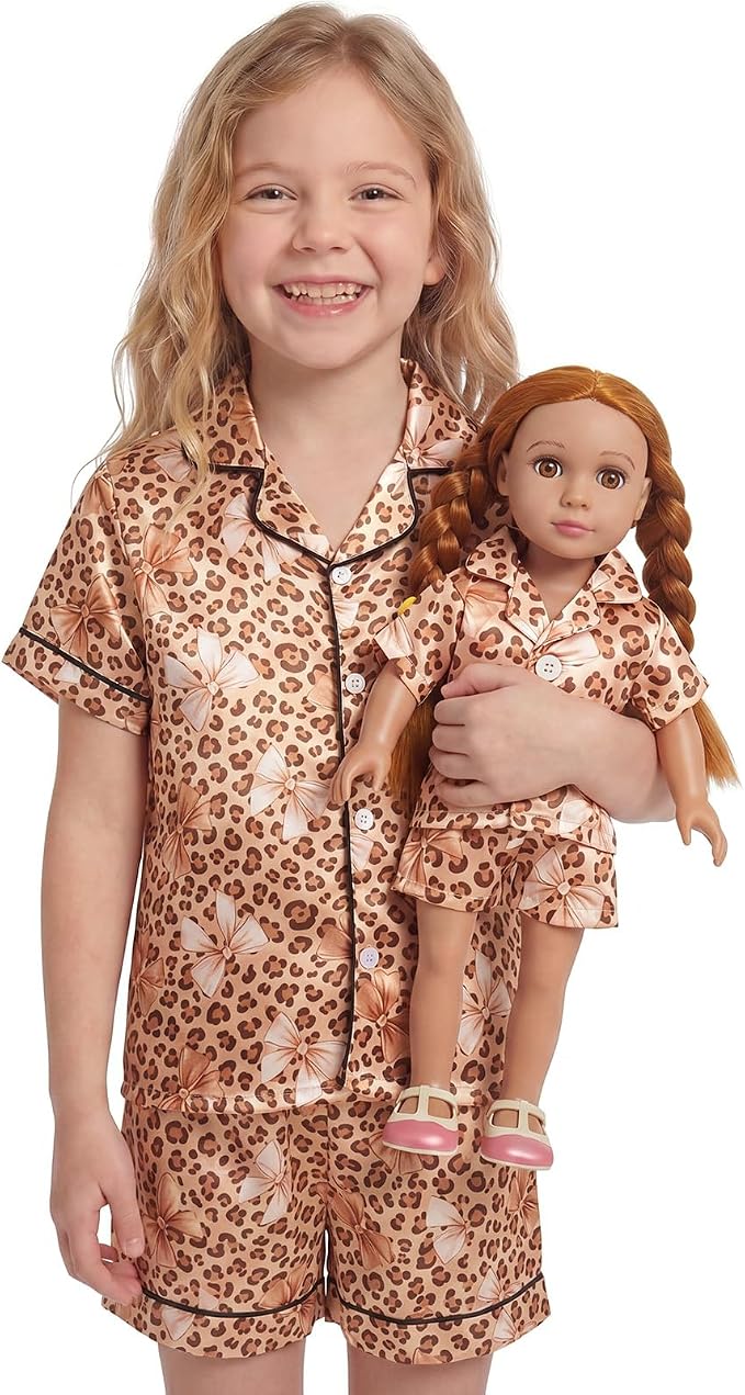 FIOBEE Girls Satin Pajamas Doll Matching Clothes, Stain Button Down Pjs Set Fits 18 Inch Dolls Soft Silky Toddler Kids Sleepwear Brown Leopard