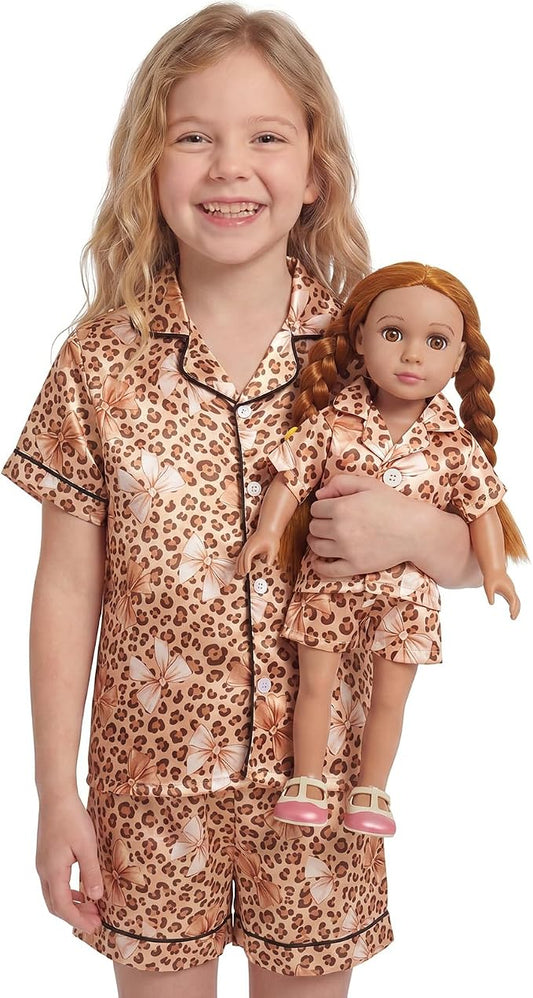 FIOBEE Girls Satin Pajamas Doll Matching Clothes, Stain Button Down Pjs Set Fits 18 Inch Dolls Soft Silky Toddler Kids Sleepwear Brown Leopard