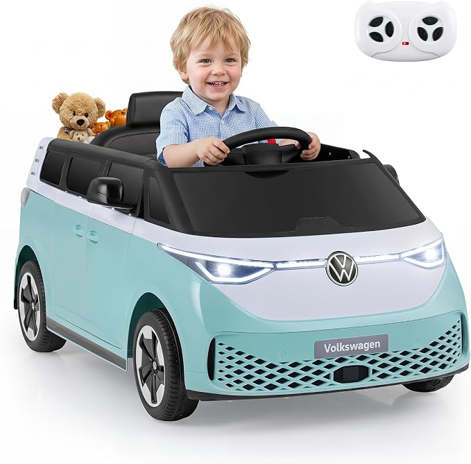 Costzon Ride on Car, 12V Licensed Volkswagen Kids Car Bus with Storage Compartment, Music, Story, Spring Suspension, LED Headlights, Electric Vehicles for Boys Girls Aged 3-7 (Aqua Blue)