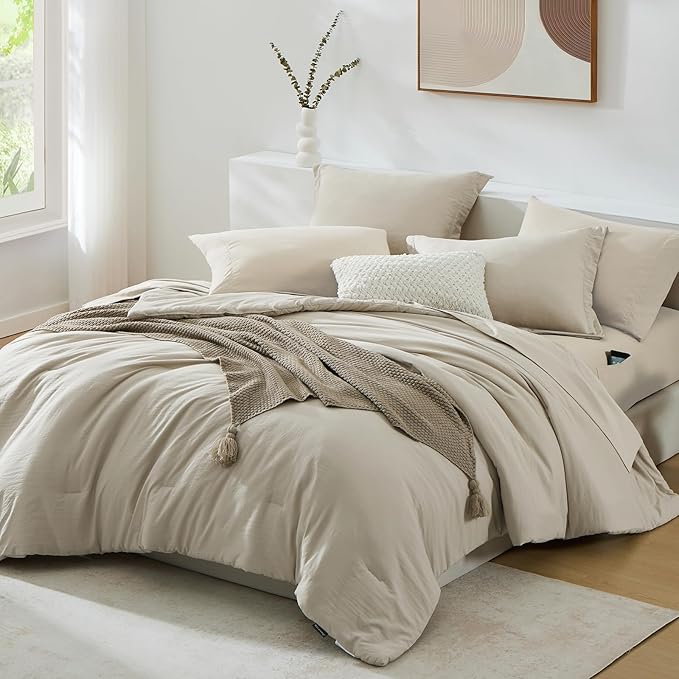 WRENSONGE Full Size Comforter Sets- 7 Pieces Soft Light Oatmeal Bed in a Bag with Fitted Sheet, Flat Sheet, 2 Pillow Shams, 2 Pillowcases, Warm Bedding Sets for All Season
